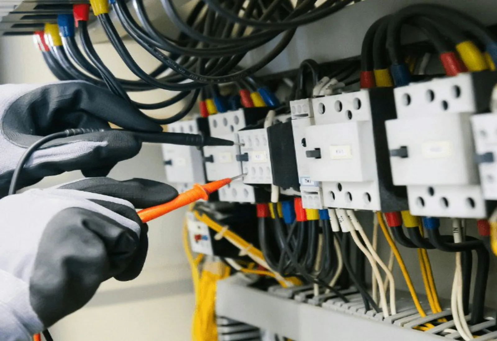 Elektricien controleert bedrading en componenten in een elektrische verdeelkast